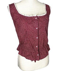 Red Micro Floral Sleeveless Button Up Peplum Top Large